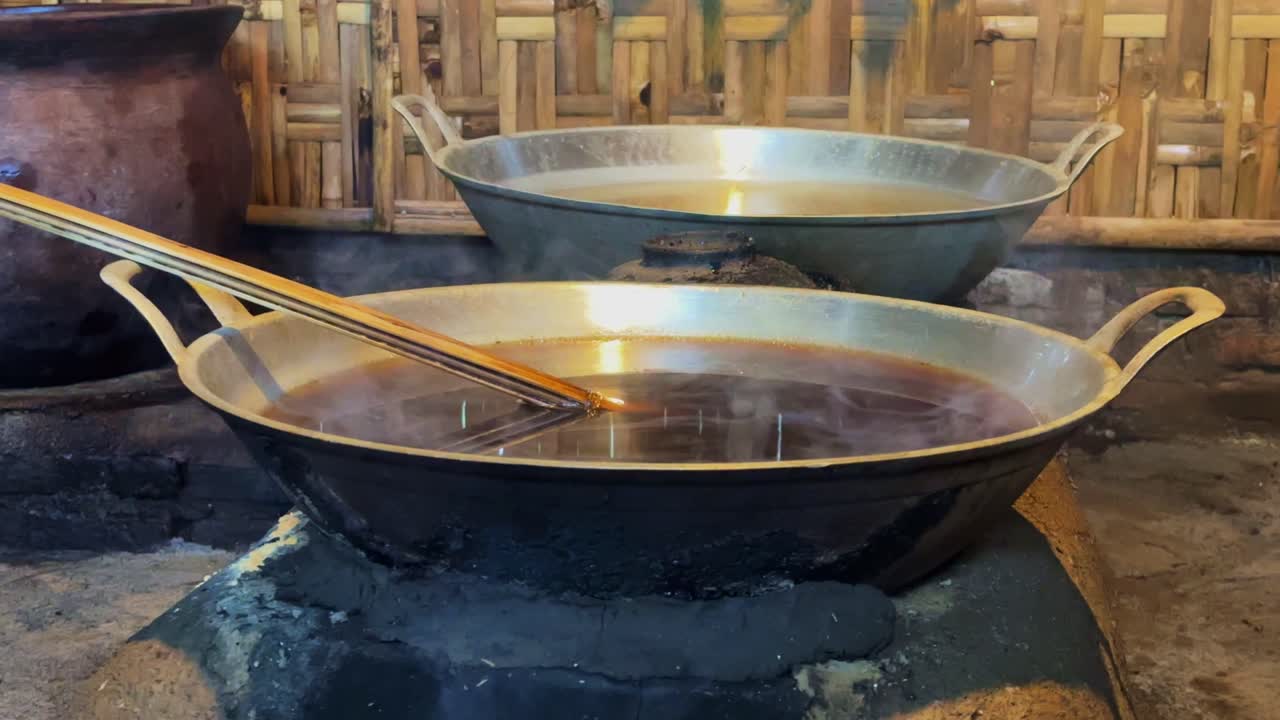 Smoky coconut sap boiled on a pan