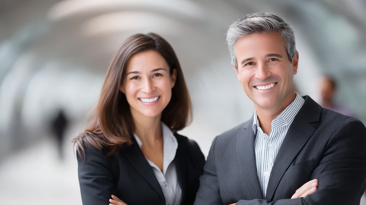 Confident Business Partners Smiling Together in a Modern Corporate Environment, Showcasing Professionalism and Positive Collaboration