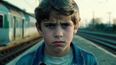 a young boy with a serious expression stands on a train platform, looking at the camera