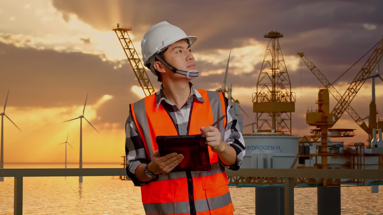 Offshore Engineer Monitoring Wind Turbines and Oil Rig