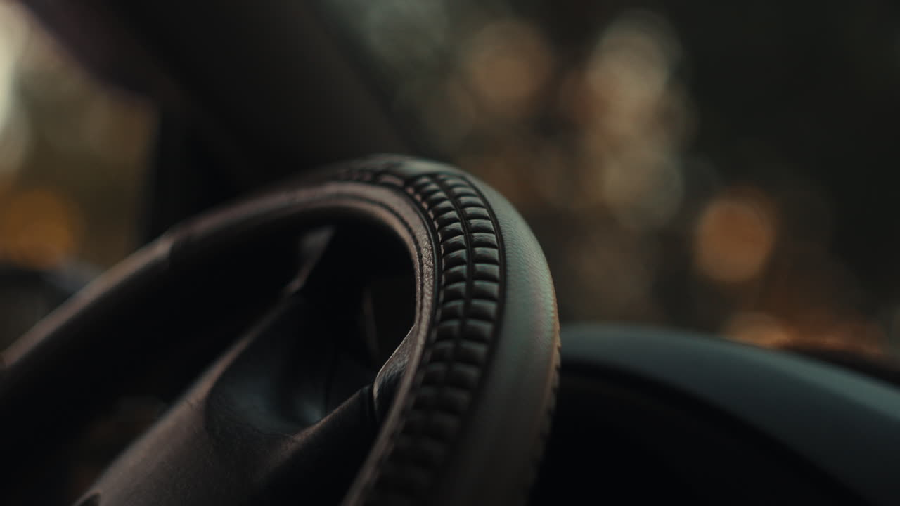 A cinematic close-up of a vehicle's steering wheel with a blurred view of a forest through the windshield during a road trip