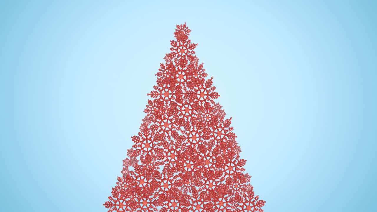 анимация рождественской елки, образованная красными снежинками на синем фоне
