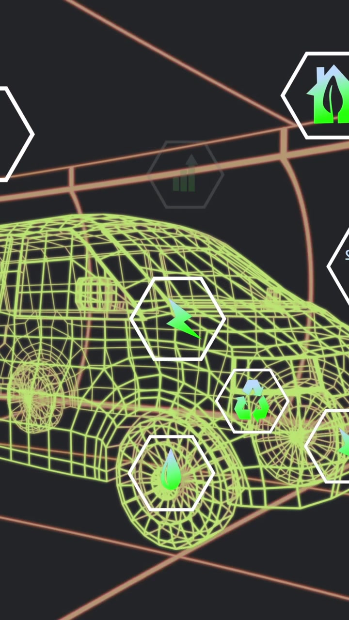 Animazione di icone digitali multiple sopra un modello 3D di furgone che si muove con motivo continuo in un tunnel
