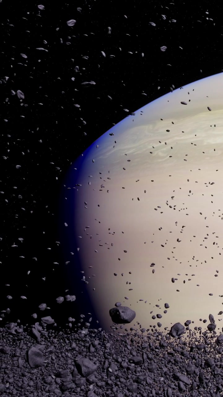 Planet surrounded by asteroids in deep space showing vast dark background
