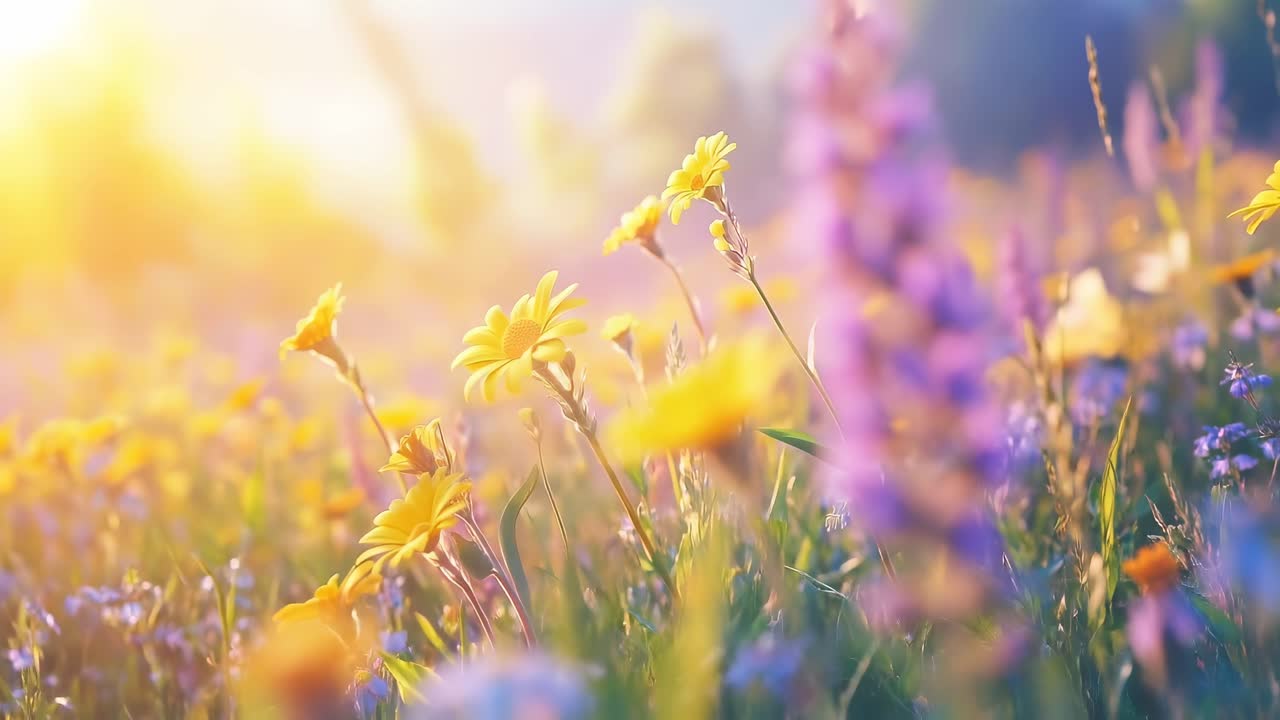 Low-angle video of a sunlit meadow with vibrant wildflowers, creating a dreamy, serene atmosphere