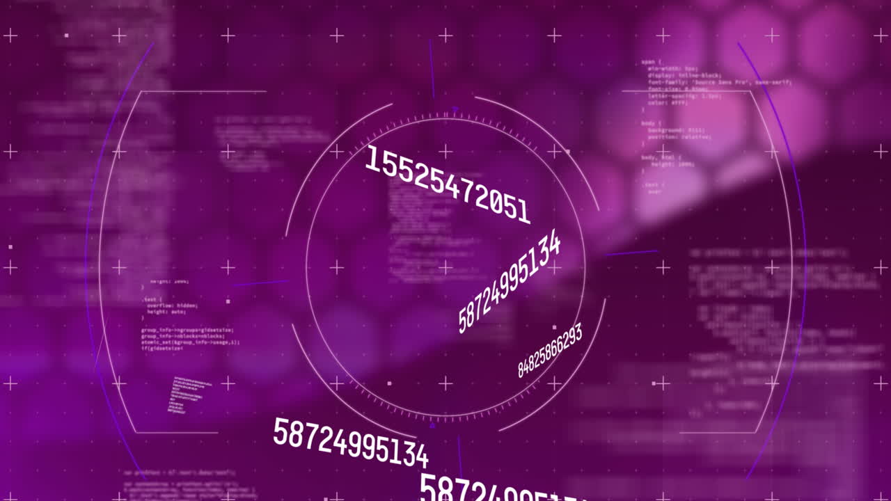 Animation of data processing and scope scanning on purple background
