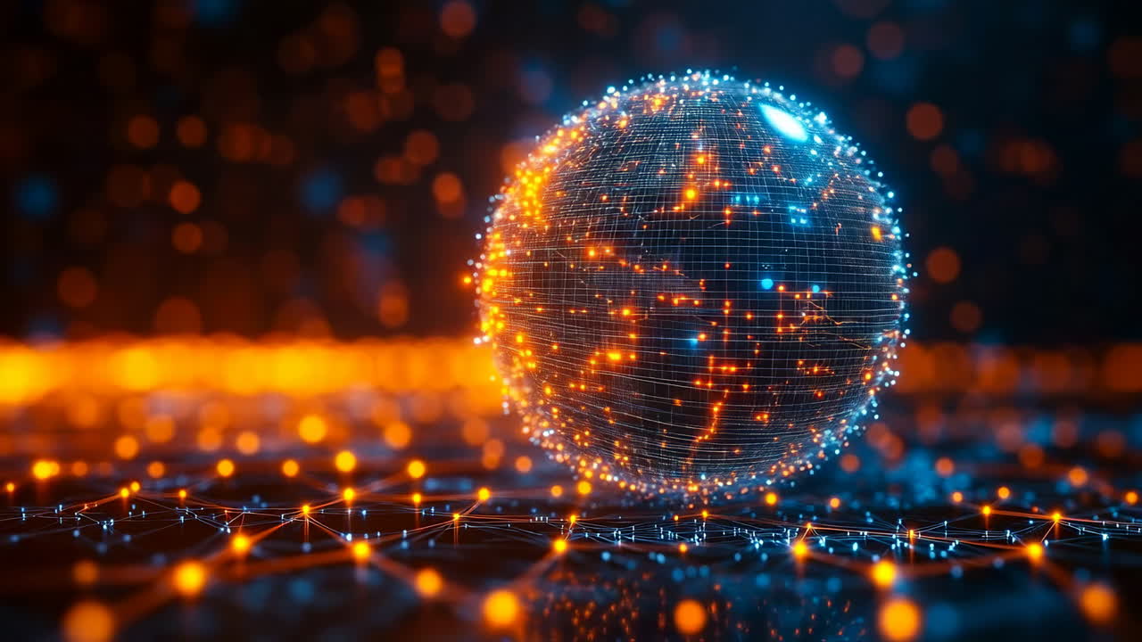 Glowing globe design. A glowing globe made of points and lines shows data connections against a dark background with orange highlights