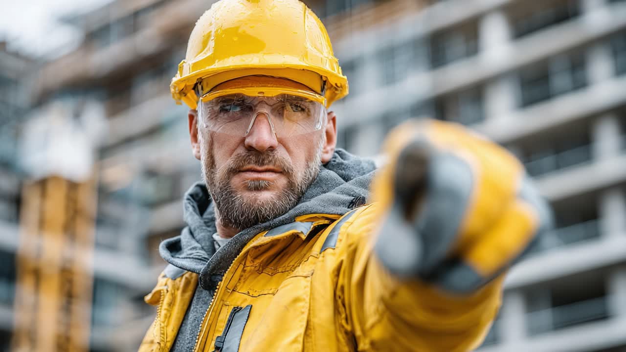 A Determined Construction Worker in Safety Gear Pointing Directly at the Camera, Emphasizing Focus and Commitment on a Building Site