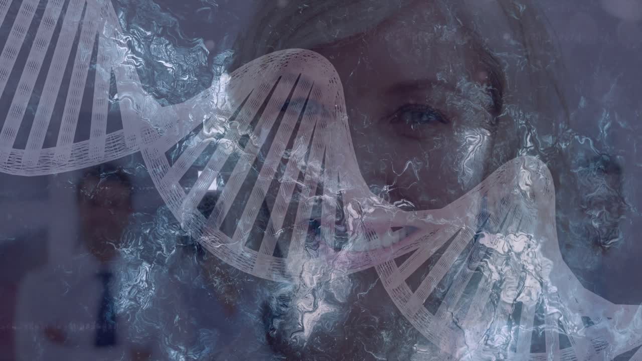 Rullende DNA-helix afslører klinikers ansigt, HUD-bjælker glider over marmoreret baggrund, helix stabiliserer sig i et laboratorium
