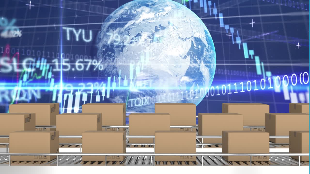 배경에 회전하는 지구 위에 컨베이어 벨트에 누워있는 카드보드 상자의 애니메이션.