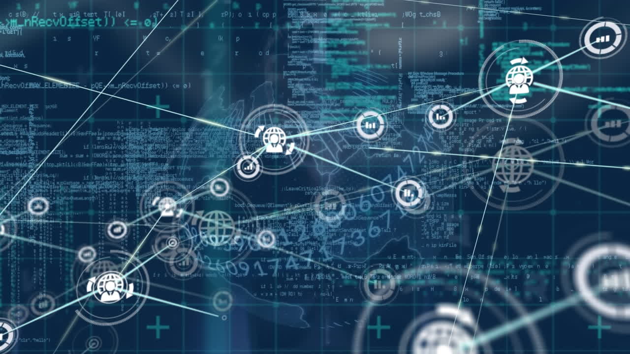 animación de la red de conexiones con iconos sobre la cuadrícula