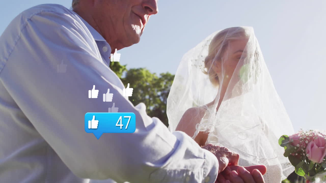 Father handing bride to groom under sun, floating thumbs-up icons showing social wedding engagement