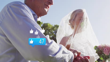 father handing bride to groom under sun, floating thumbs-up icons showing social wedding engagement