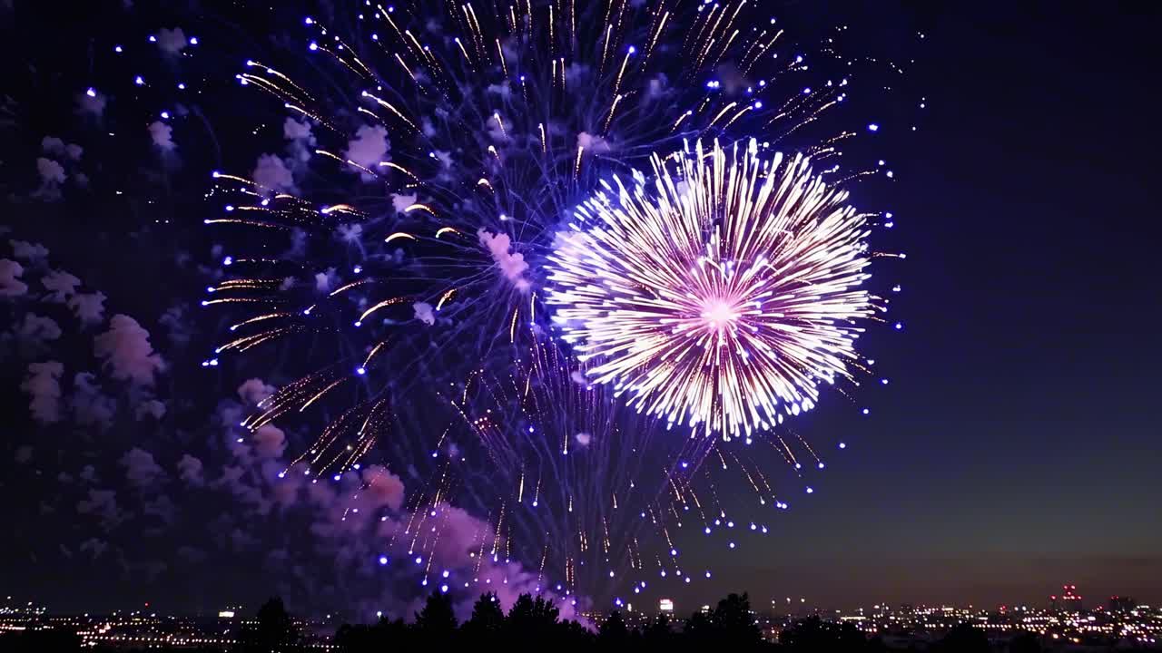 広角ビデオが捉える、暗い空を背景に爆発し遠くを照らす鮮やかな花火