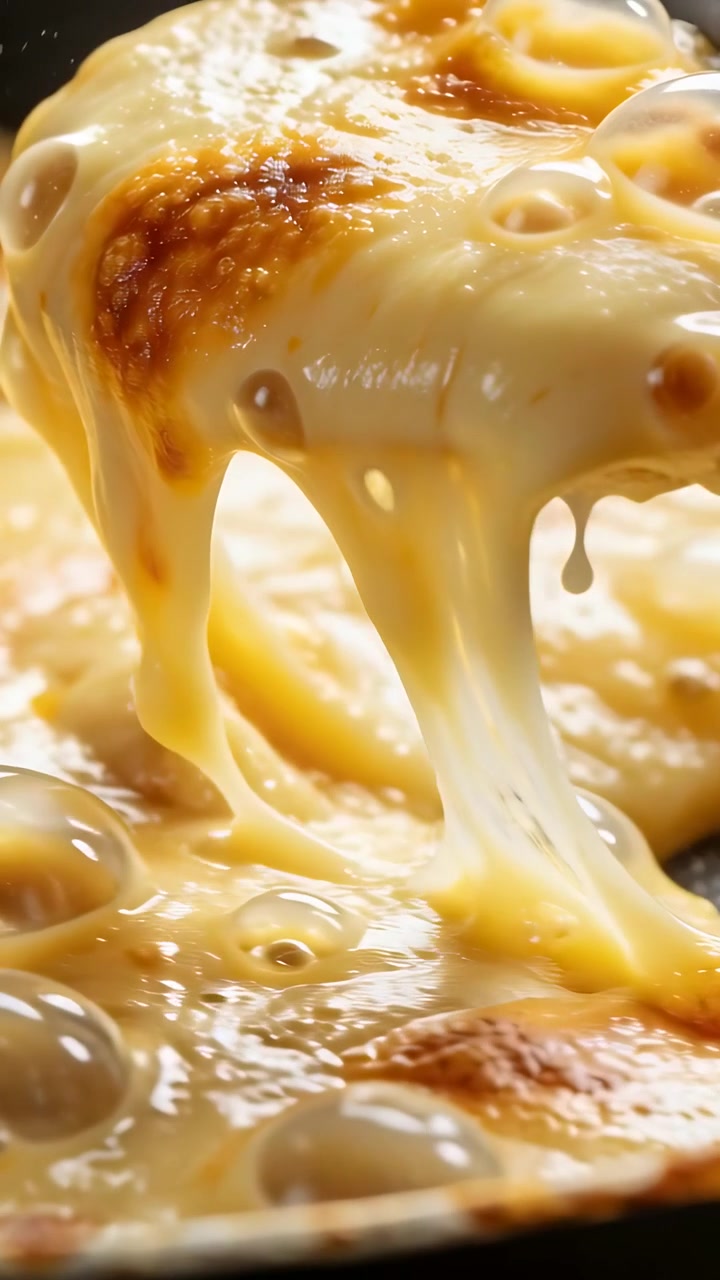 Video verticale: Spatola che solleva formaggio fuso e crosta dorata da una padella, preparandosi a impiattare.
