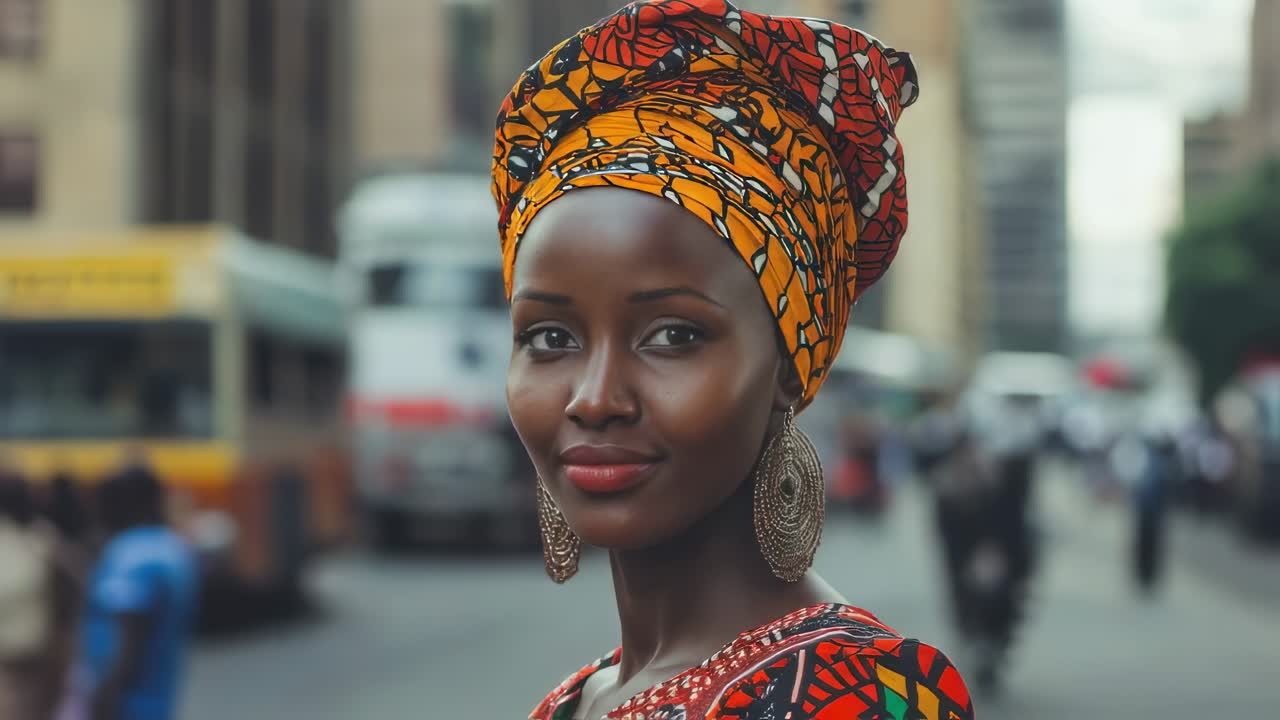 Young african woman wearing traditional orange and red patterned clothes and headwrap, standing in a busy urban street, is looking at the traffic in different poses
