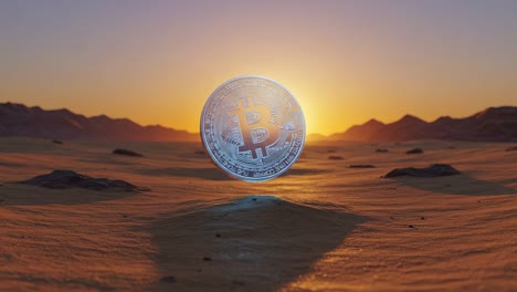 a glimmering bitcoin coin illuminated by a setting sun in a desert landscape, signifying the intersection of cryptocurrency and nature's beauty