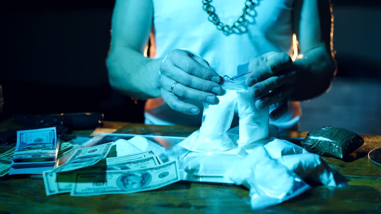 Hands of a male drug dealer are handcuffed. Concept of social problems of drug addiction and crime.