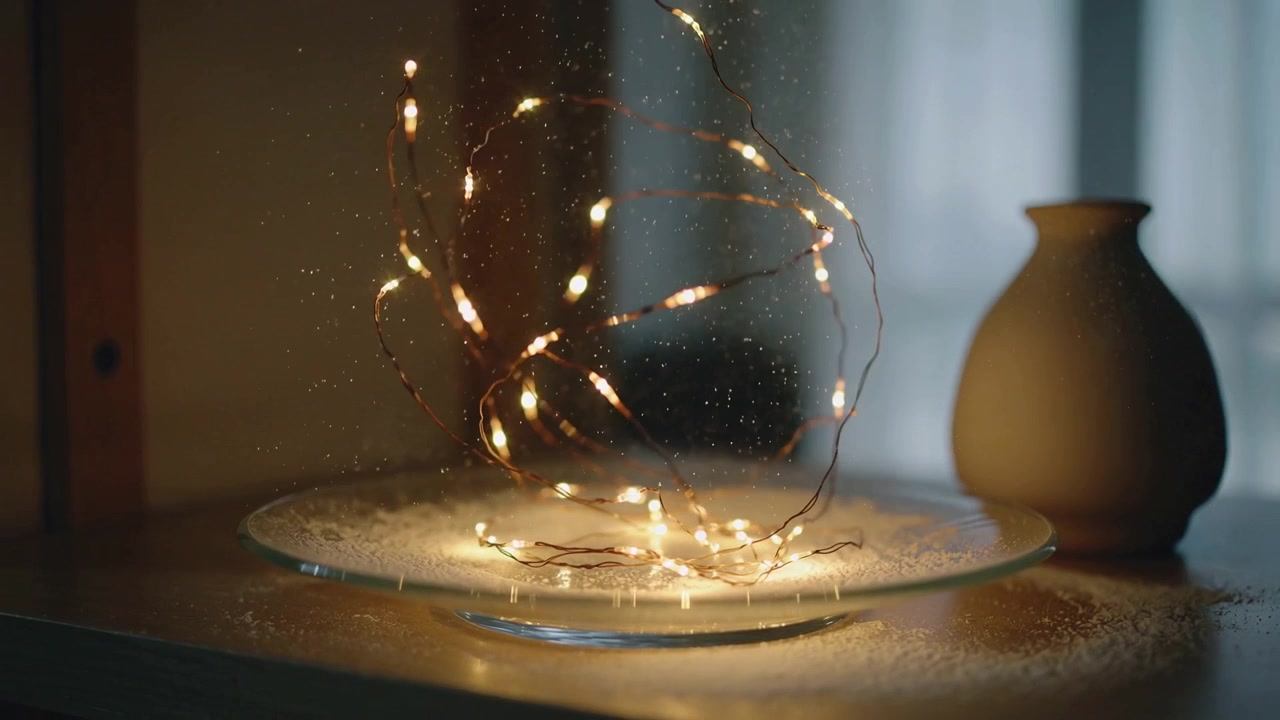 Fili di luci LED bianco caldo su sottile filo di rame sollevati dalla brezza della finestra, che rivelano polvere su una lastra di vetro