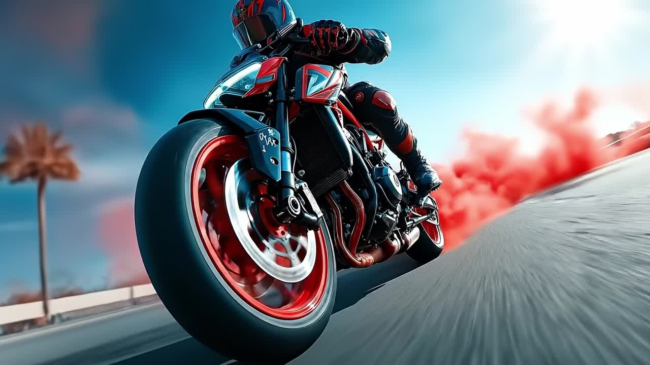 A person riding a motorcycle on a road with red smoke coming out of it