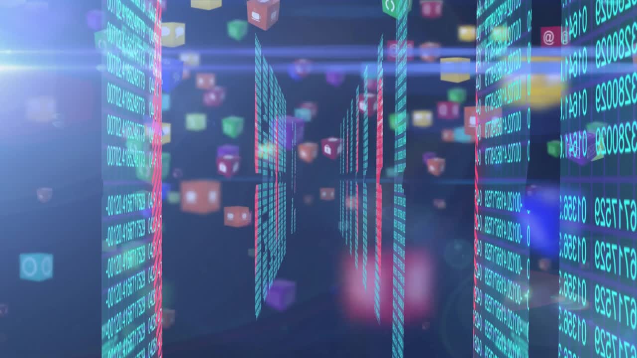 Camera pushing initiating cubes accelerating and swirling between glowing panels showing data flow