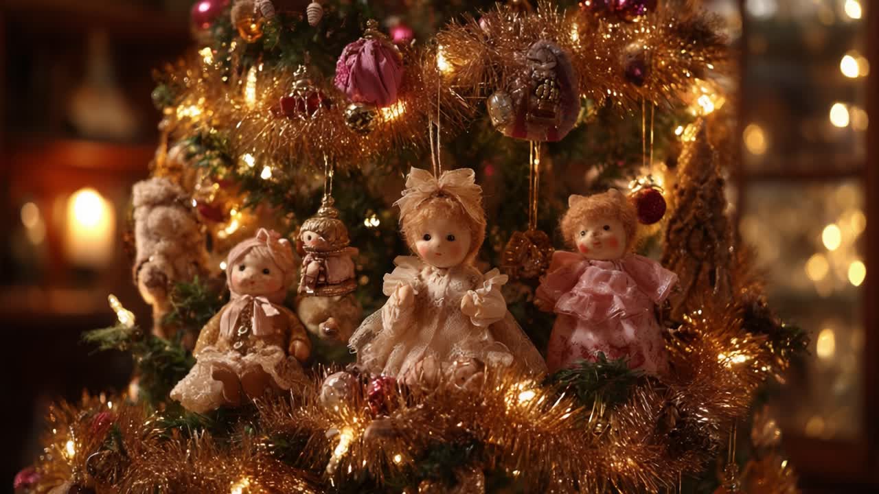 Enchanting Holiday Scene Featuring Adorable Vintage Dolls Adorned on a Lush Christmas Tree with Sparkling Lights and Festive Decorations
