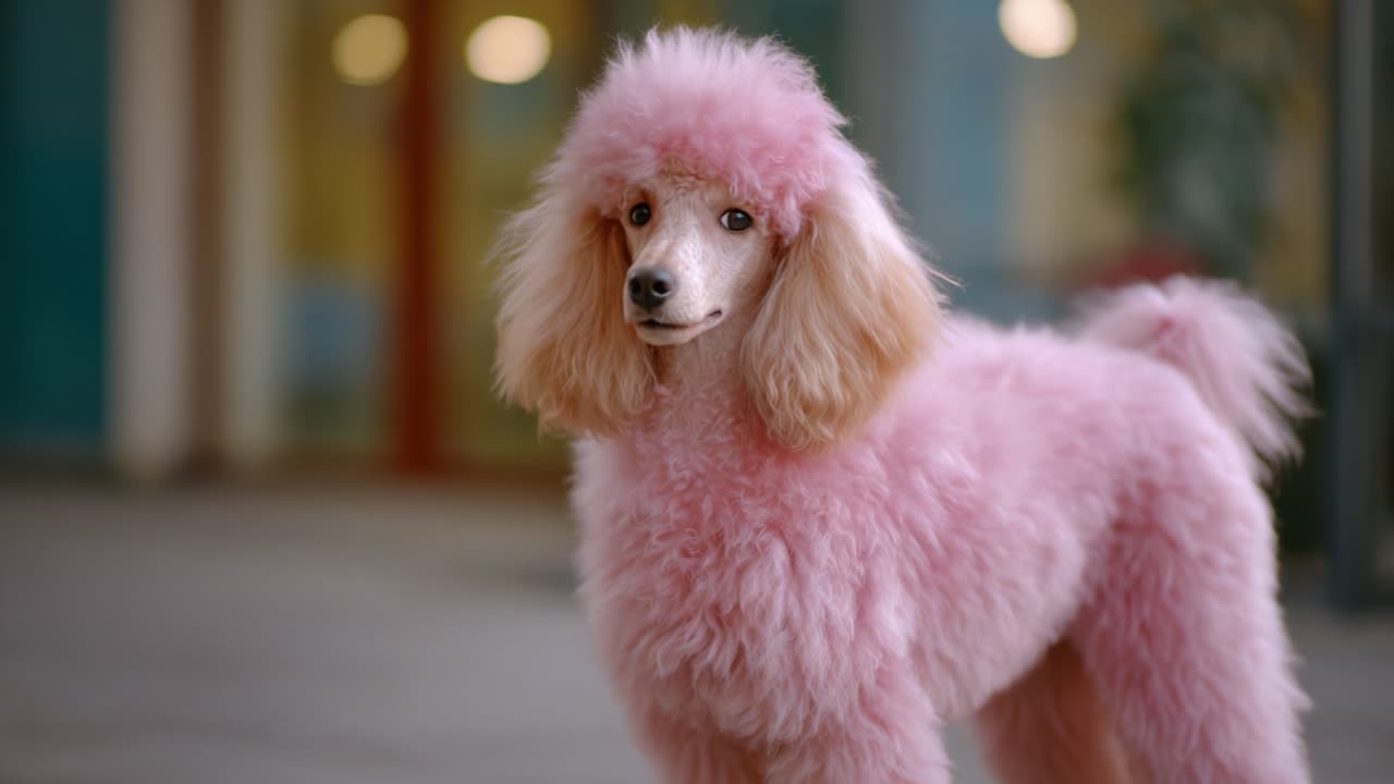 Un incantevole barboncino rosa con un manto soffice posa con eleganza, mettendo in mostra una toelettatura elegante che ne evidenzia la natura giocosa e affettuosa in un ambiente vivace.