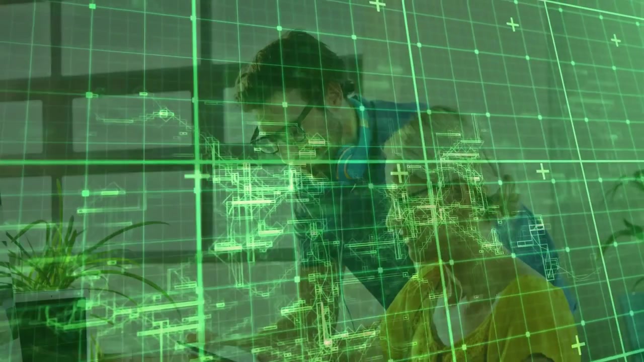 Engineer approaching activating digital grid overlay while designer typing clicking refining design