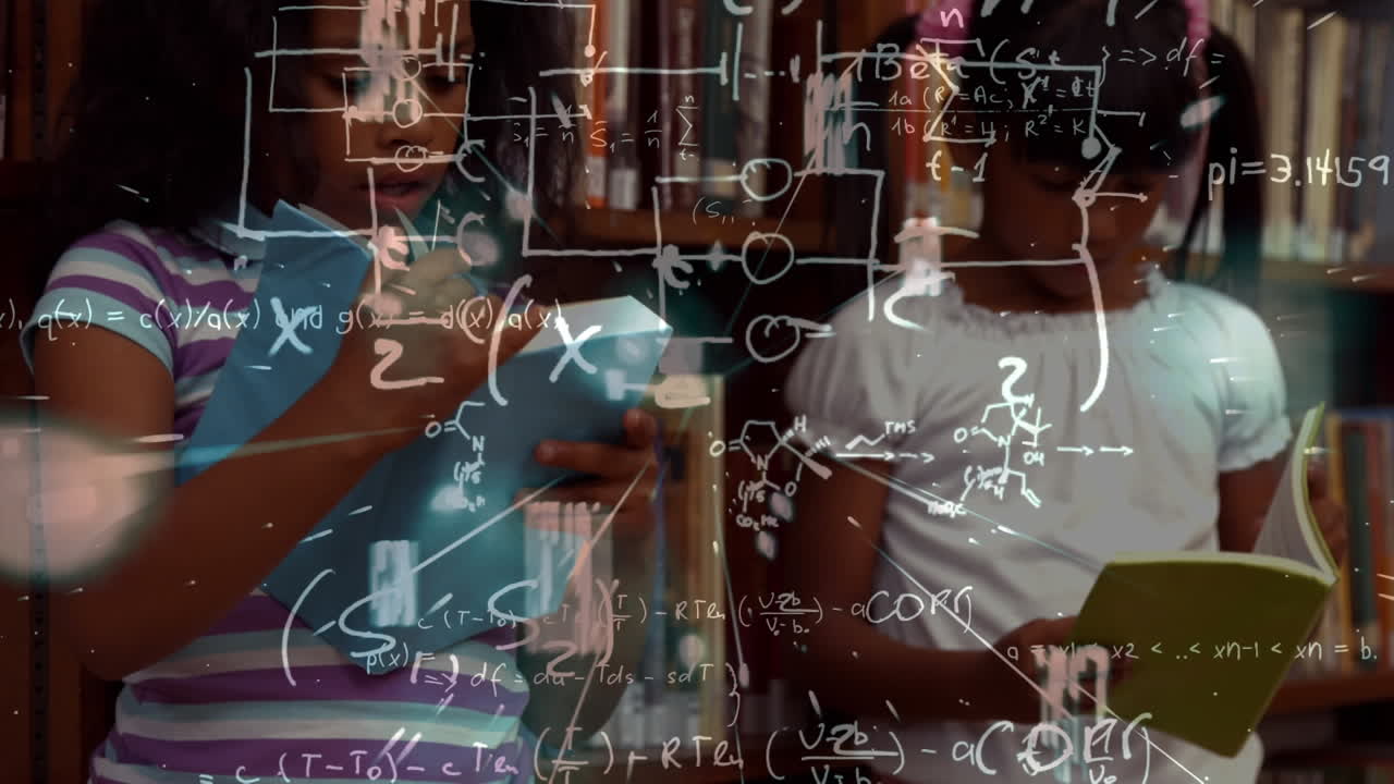 Mathematical equations floating against two african american girls reading a book at library
