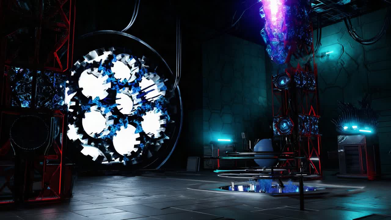 High tech industrial science lab interior featuring a complex engine with rotating gears and advanced machinery powering up with glowing blue and purple energy in a dark, atmospheric environment