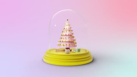 Animation-of-snow-globe-with-spinning-christmas-tree-and-presents-on-gradient-pink-background