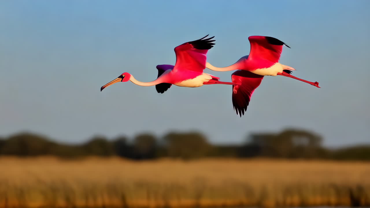 Two Flamingos in Flight over Water