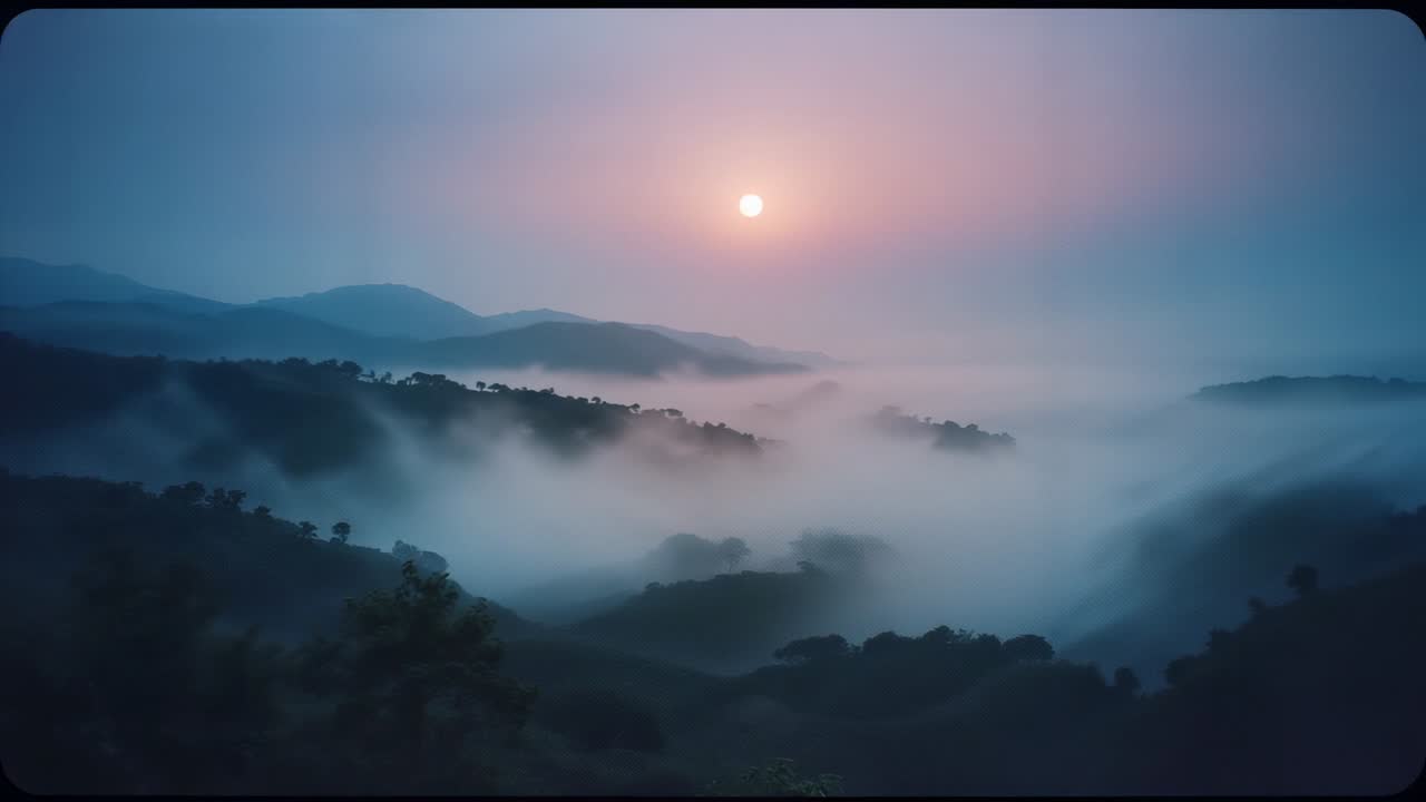 Rising sun casting dawn light over mountain valley, drifting fog swirling around tree silhouettes