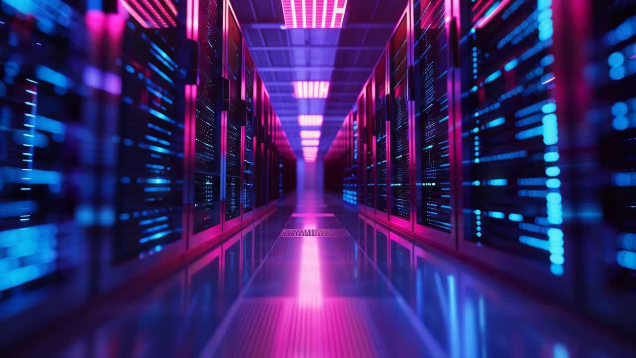 Neon Glowing Server Room Corridor