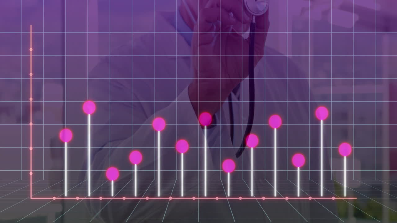 Male doctor holding stethoscope toward viewer in medical office, with 3D grid and pink data bars