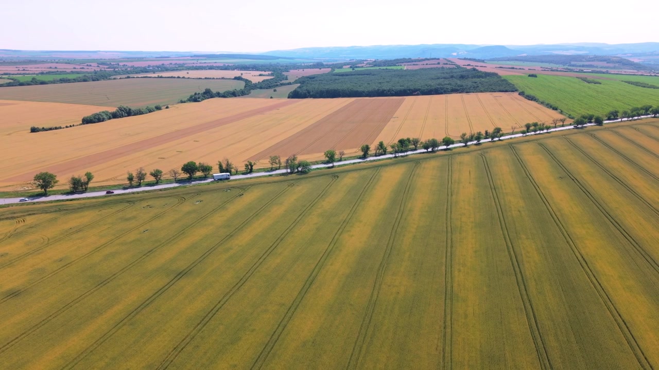 Smooth drone tracking footage of a pickup truck traveling along a road surrounded by cultivated fields and agricultural landscape. Perfect for farming, countryside, transportation, and nature projects