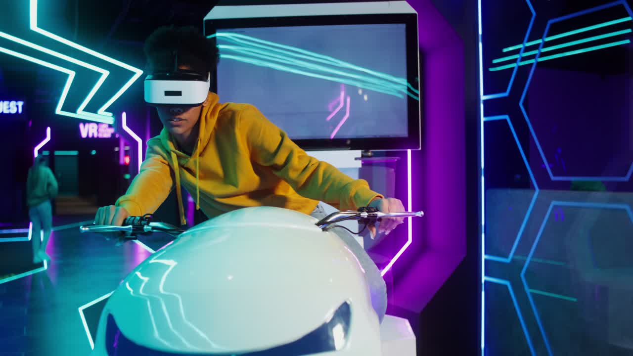 Person Experiencing VR on a Motorbike Simulator
