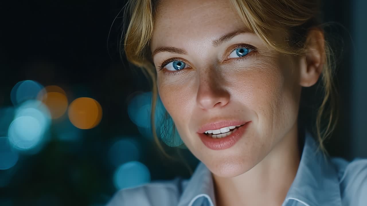 Captivating Close-Up of a Smiling Woman in a Cozy, Atmospheric Setting with Beautiful Bokeh Lights, Exuding Warmth and Charm