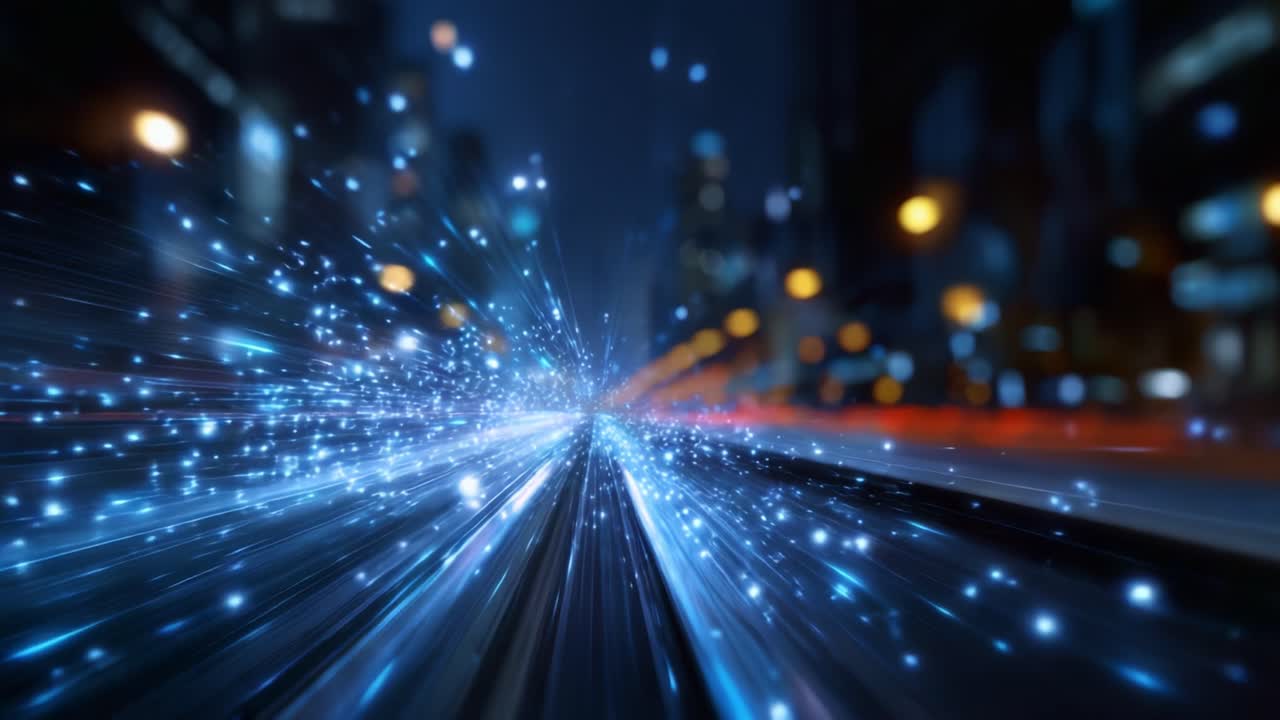 Scie luminose dinamiche ed effetto mosso: atmosfera urbana accattivante con effetti scintillanti che mostrano l'energia e il movimento della città in un ambiente notturno