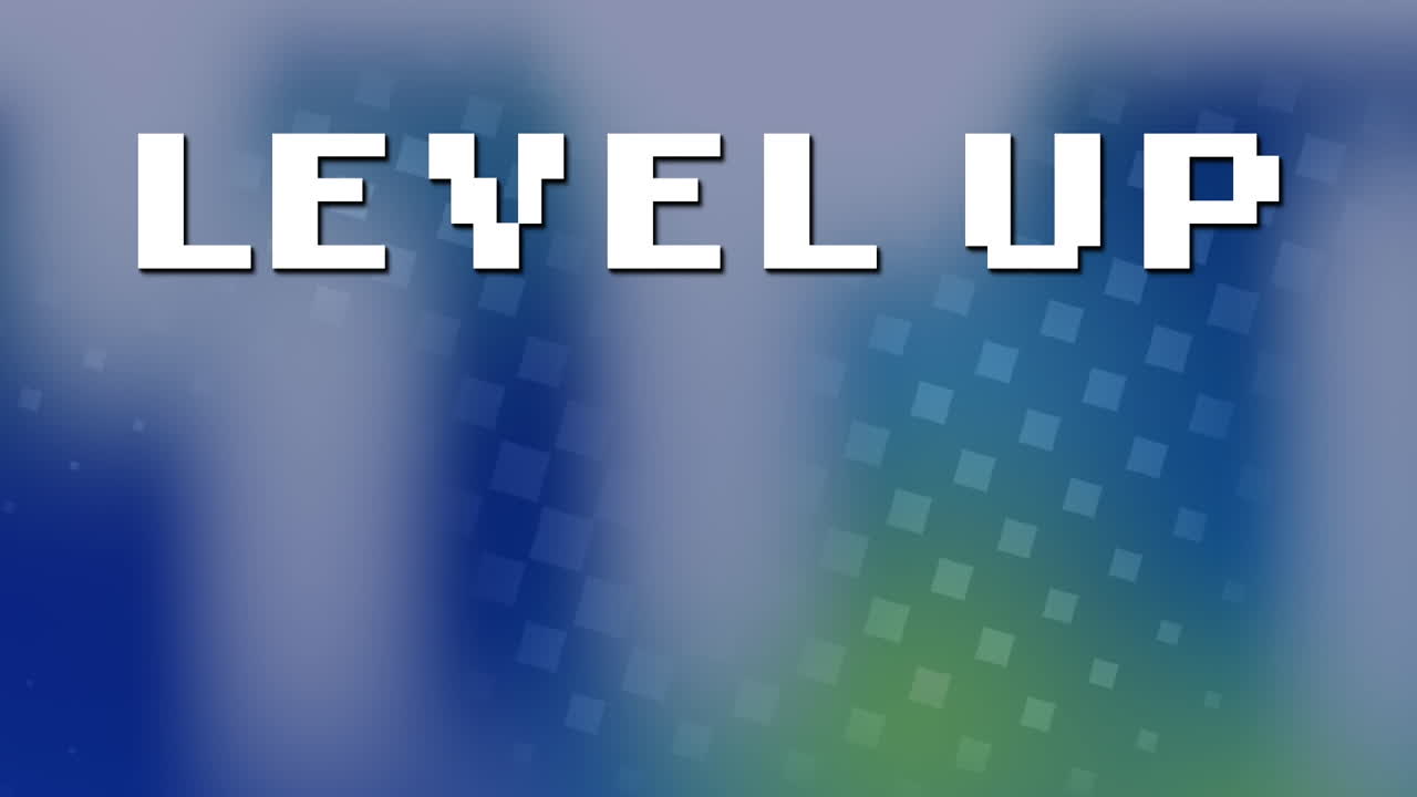 Animation of level up text on blue abstract background on digital interface of video game