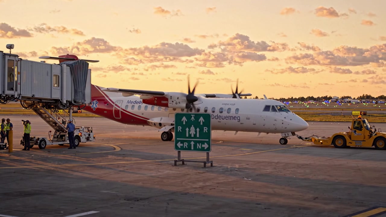 Pesawat Saat Matahari Terbenam: Sebuah Pesawat Turboprop Sedang Dipersiapkan untuk Keberangkatan dengan Kru Darat dan Informasi Gerbang di Latar Belakang di Terminal Bandara.