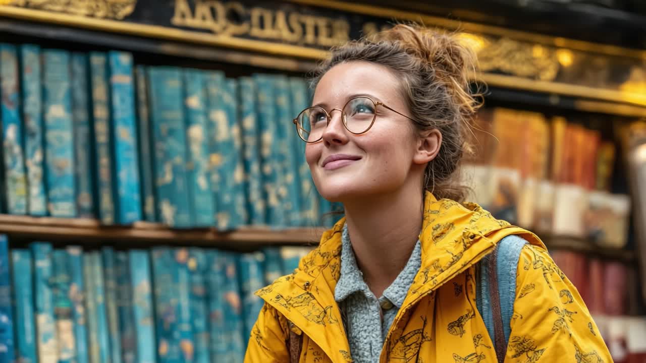 A Thoughtful Moment: A Young Woman in a Yellow Jacket with Glasses, Captured in Front of a Colorful Bookshelf Filled with Books, Expressing Joy and Curiosity