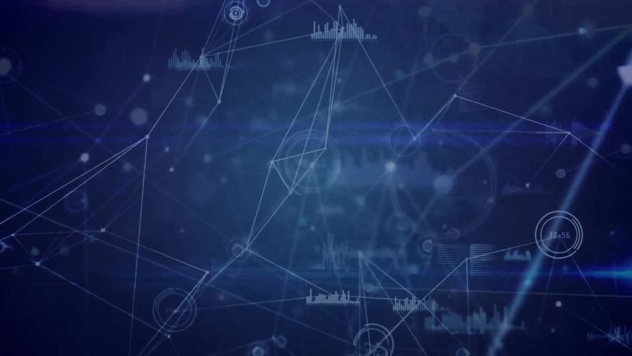 Animation of networks of connections and data processing over black background