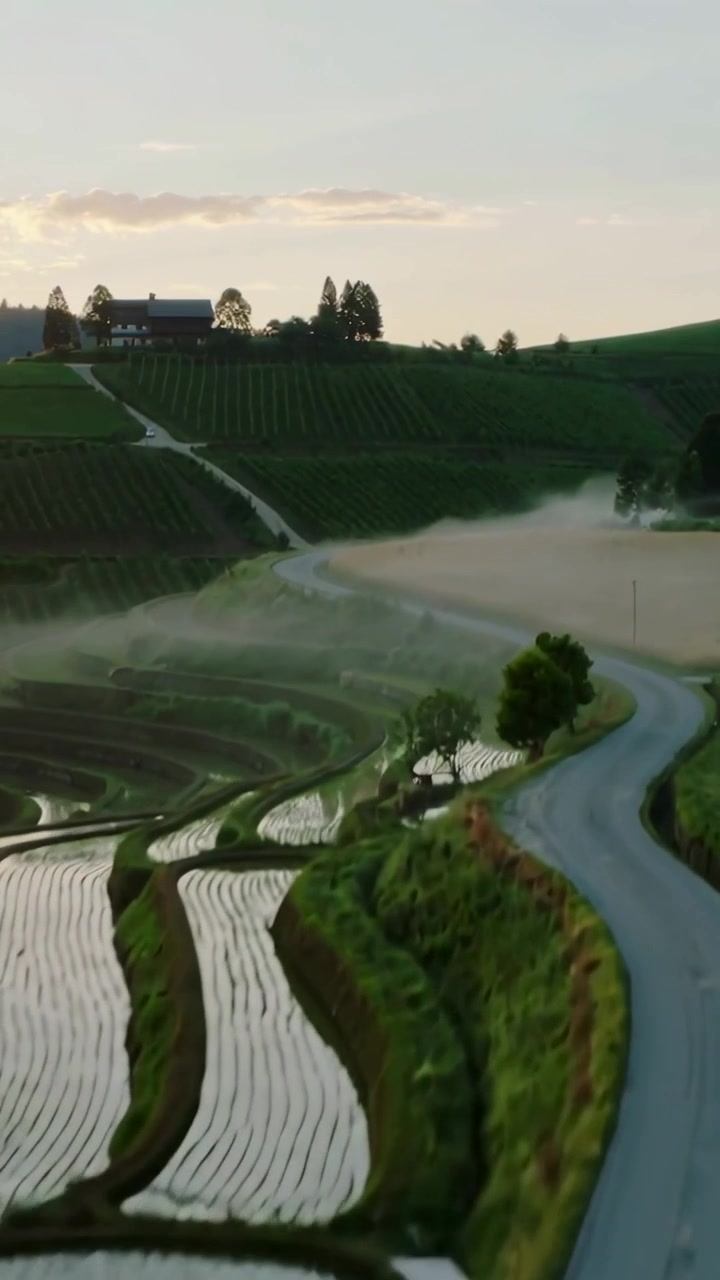 Video verticale: Drone in movimento che rivela una strada asfaltata curva, terrazzamenti umidi in collina, nebbia, cascina.
