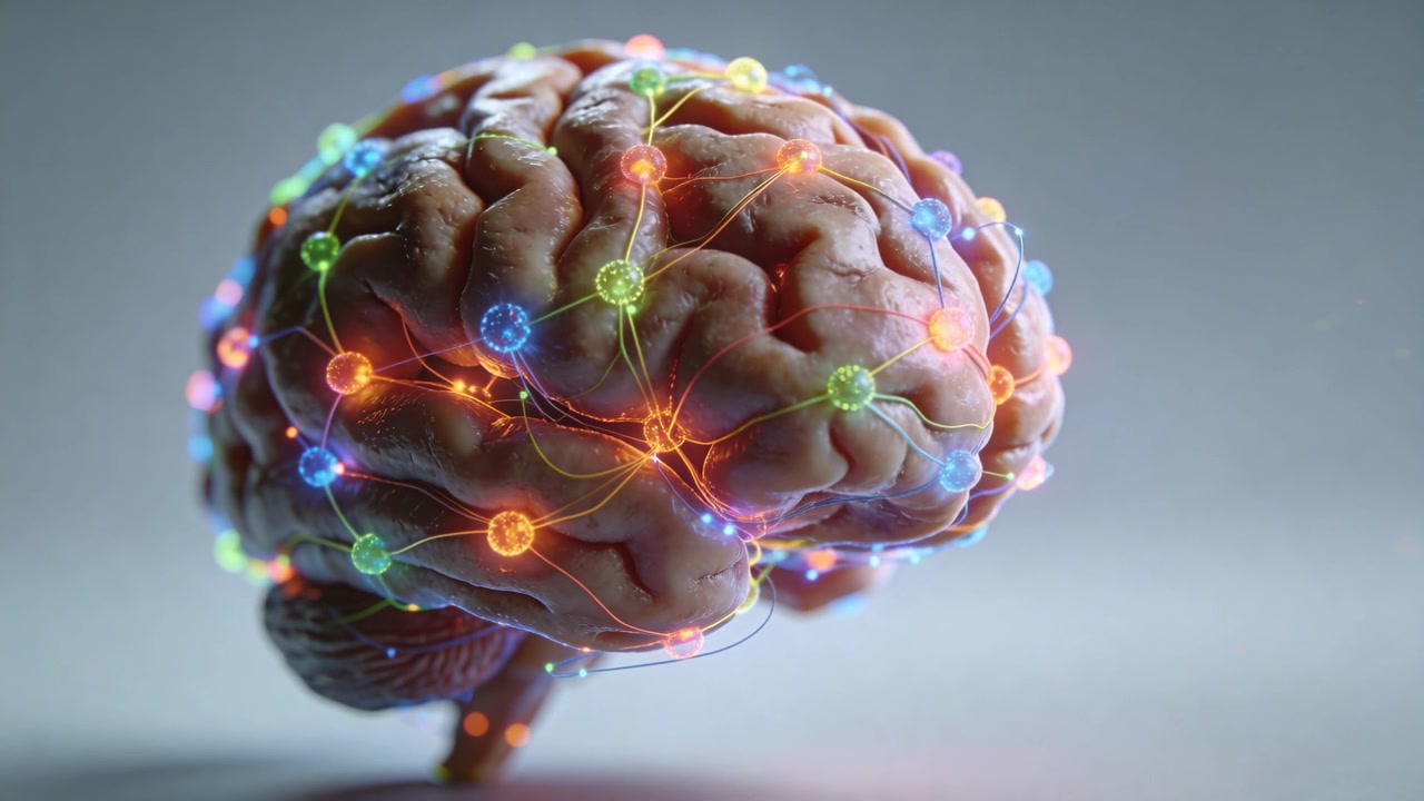 Showing brain model pulsing as frames advancing in gradient, showing signals with nodes and wires