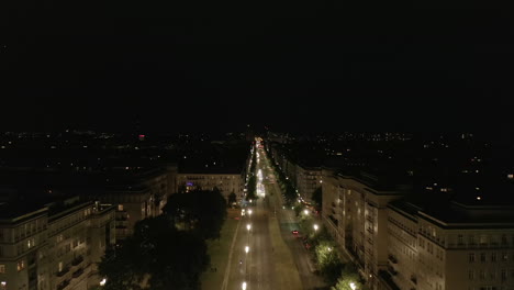 Aerial-View-of-Empty-Karl-Marx-Allee-Street-at-Night-in-Berlin,-Germany-during-COVID-19-Coronavirus-Pandemic