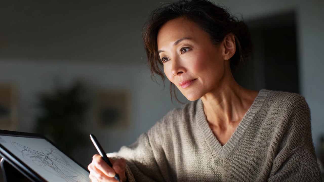 A skilled artist deeply focused on her digital artwork, showcasing concentration and creativity as she uses a stylus on a tablet, illuminated by soft lighting in a serene indoor environment