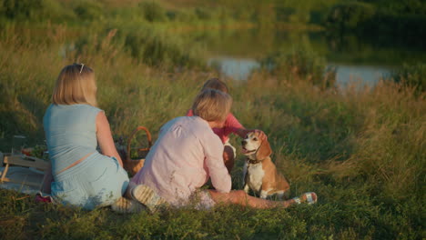 family enjoying outdoor time with their beagle. woman kisses and interacts with her dog playfully while young girl rubs dog's head, second woman watches them lovingly