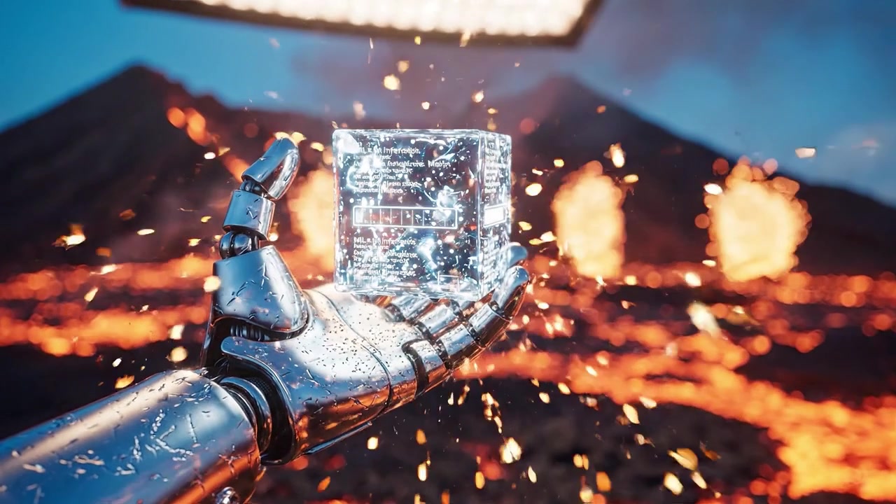 A robotic hand holds a glowing cube above a volcanic landscape, showcasing a blend of technology and nature amidst flowing lava and molten rock in a dramatic scene.