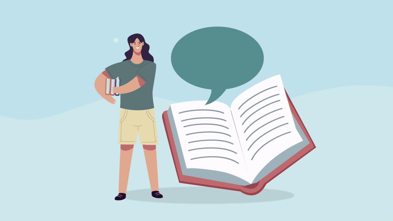 mujer estudiante con libro y burbuja de discurso